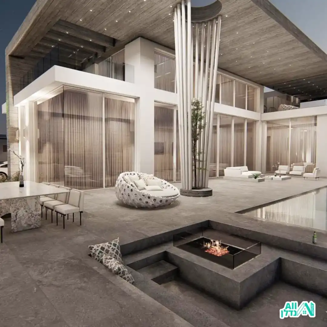 מתחם חוץ בבית יוקרה עם בור אש, בריכה, פינת אוכל ופינות ישיבה.