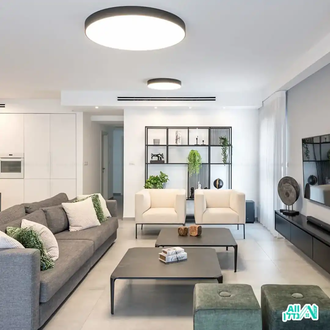 סלון מודרני בגווני שחור ולבן עם נגיעות של ירוק