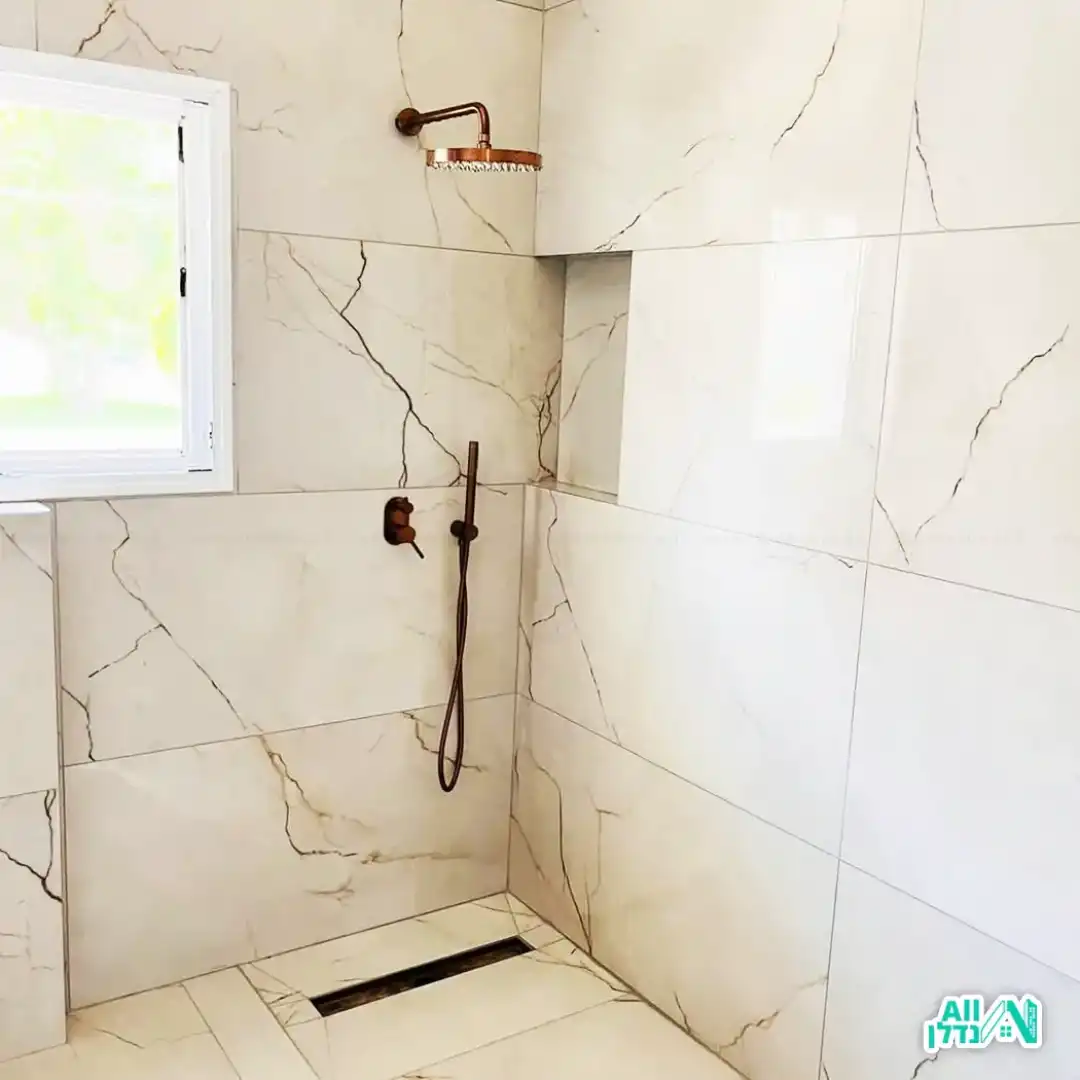 ריצוף חדר רחצה בצבעי לבן עם נימים שחורים